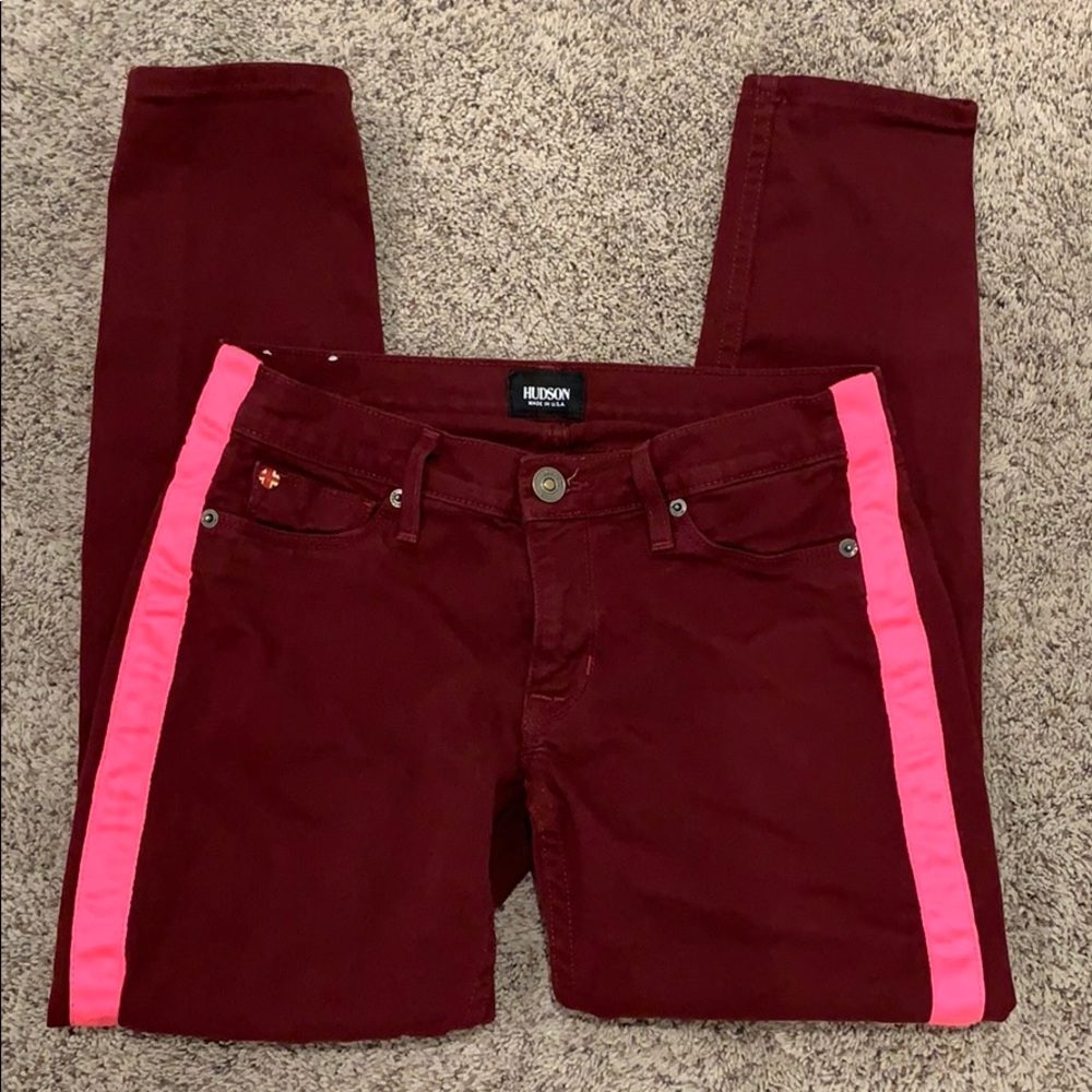 Hudson Red Skinny Jeans w Pink Stripe 25